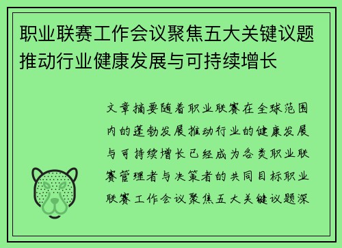 职业联赛工作会议聚焦五大关键议题推动行业健康发展与可持续增长
